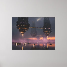 Lienzo Torres futuristas flotando sobre el puerto