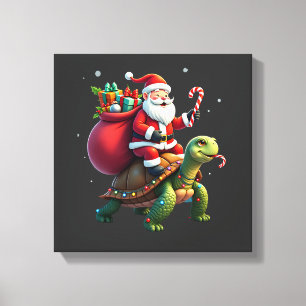 Lienzo Tortuga Divertida Navidad Santa Cabalgando Tortuga