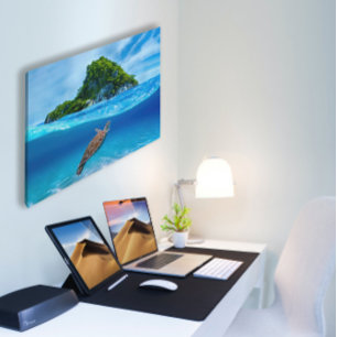 Lienzo Tortuga marina blanca frente a una isla tropical