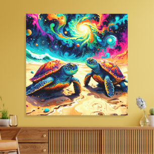 Lienzo Tortugas marinas de colores bajo un cielo cósmico