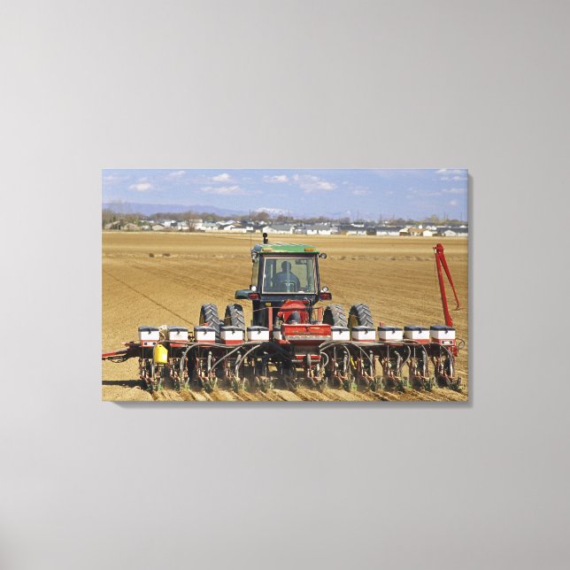 Lienzo Tractor tirando de una sembradora de maíz para sem (Anverso)
