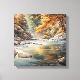 Lienzo Tranquil Escena del río Otoño - Pintura de acuarel