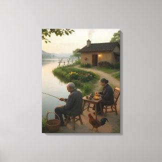 Lienzo Tranquil Village Morning by the Lake Wall Art