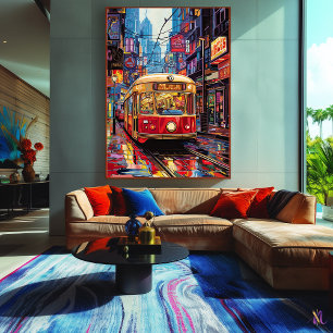 Lienzo Tranvía de ciudad Pop Art con reflejos de neón