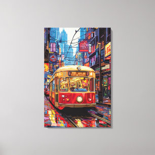 Lienzo Tranvía de la ciudad en Pop Art con reflejos de ne