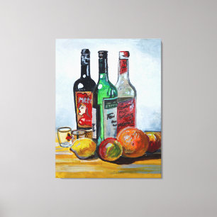 Lienzo Tres botellas y fruta