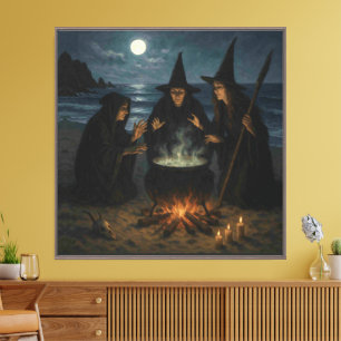 Lienzo Tres Brujas Caldero de Cerveza Luna Llena Playa