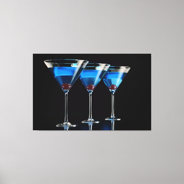 Lienzo Tres cócteles azules con cereza en negro (Anverso)