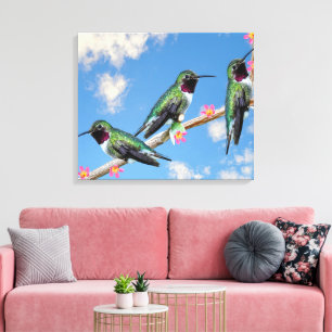 Lienzo Tres colibríes encaramados en una rama de un Floss