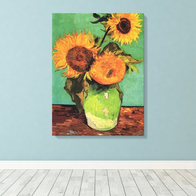 Lienzo Tres girasoles en una bolsa de Vincent van Gogh (Insitu (piso de madera))