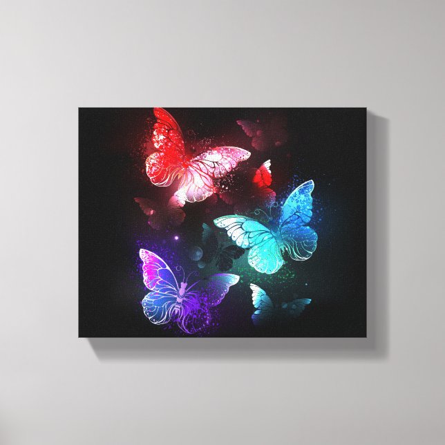 Lienzo Tres mariposas brillantes en el fondo nocturno (Anverso)
