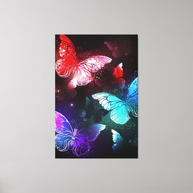Lienzo Tres mariposas brillantes en el fondo nocturno (Anverso)
