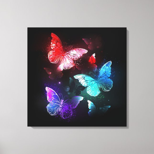 Lienzo Tres mariposas brillantes en el fondo nocturno (Anverso)