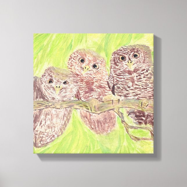 Lienzo Tres pequeñas lechuzas de cobardía - pintura acríl (Anverso)