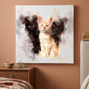 Lienzo Trío de acuarelas de adorables gatitos negros y na