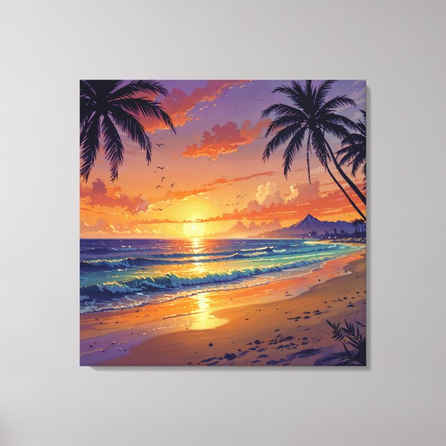 Lienzo Tropical Beach Sunset - Illustration Style Art (Anverso)