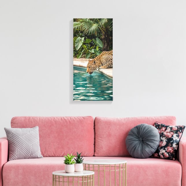 Lienzo Tropical Leopard Drinking Canvas Print – Jungle An (Insitu (Sala de estar))