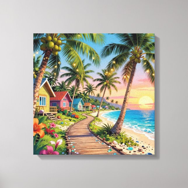Lienzo Tropical Paradise Coastal Seaside Cottage Ocean  (Anverso)