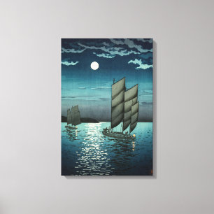 Lienzo Tsuchiya Koitsu - Barcos en Shinagawa, Noche
