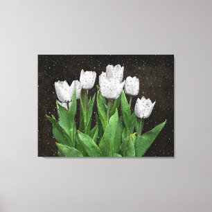 Lienzo Tulipanes blancos con gotas de lluvia en vidrio