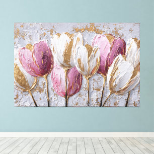 Lienzo Tulipanes Blancos, Rosados y Dorados Textura Abstr