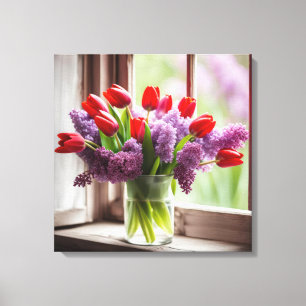Lienzo Tulipanes rojos y lagartijas en la ventana