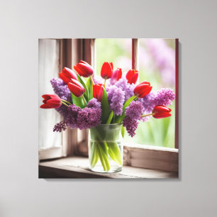 Lienzo Tulipanes rojos y lilas en la ventana