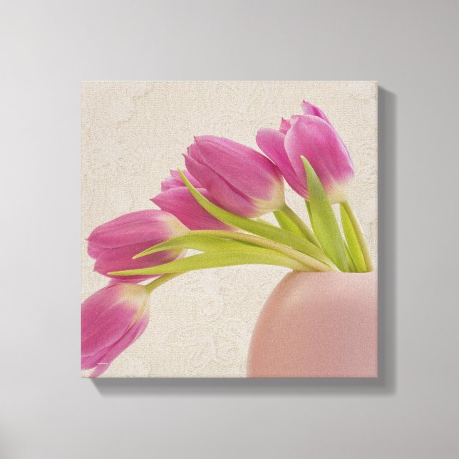 Lienzo Tulipanes rosados en maceta rosa redondeada con en (Anverso)