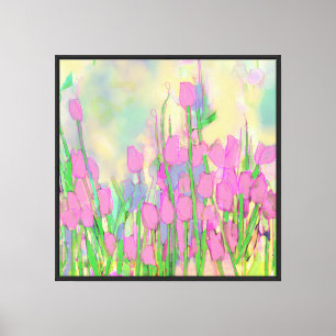 Lienzo Tulipanes rosados tallos hojas y cielo