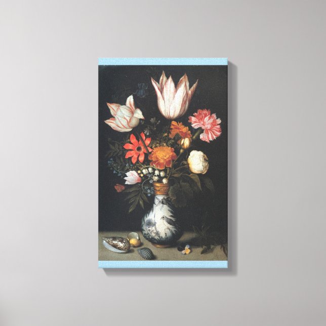 Lienzo Tulipanes, Rosas, un clavel rosado y blanco, olvid (Anverso)