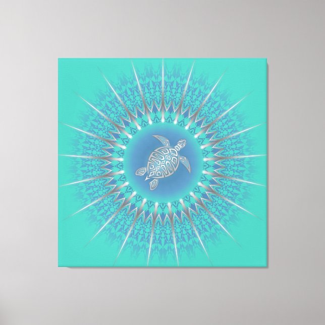 Lienzo Turquesa Mandala de Tortuga de Plata Costera (Anverso)