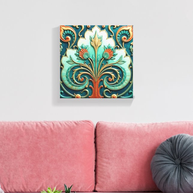 Lienzo Turquoise and Orange Floral Ornament (Insitu (Sala de estar))