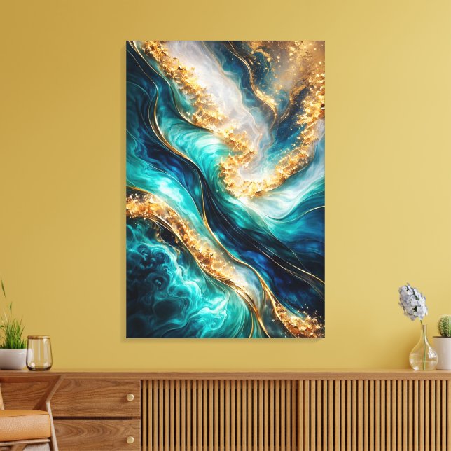 Lienzo Turquoise & Gold Marble Swirls Canvas Print (Insitu (Sala de estar))