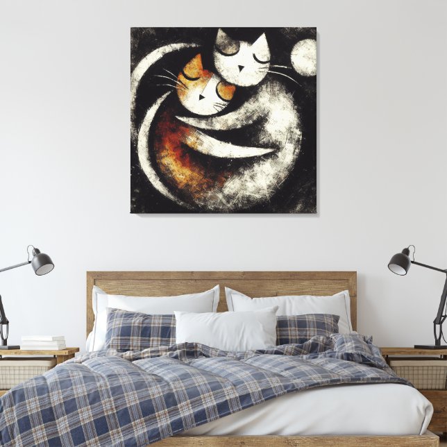 Lienzo  Two Hugging Cats Canvas Print – Chagall-Inspired  (Insitu(Dormitorio))
