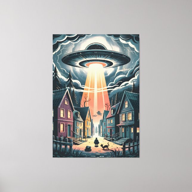 Lienzo UFO Abduction Night Street Illustration (Anverso)