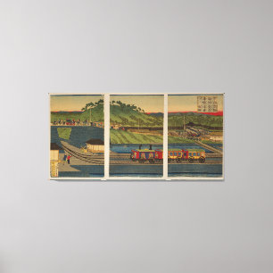 Lienzo Ukiyo-e Triptych: tren de vapor en la costa de Tak
