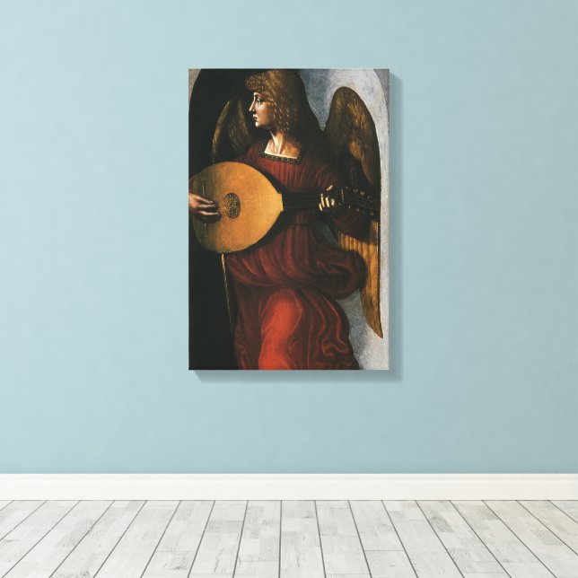 Lienzo Un ángel en rojo con un laúd de Leonardo da Vinci (Insitu (piso de madera))