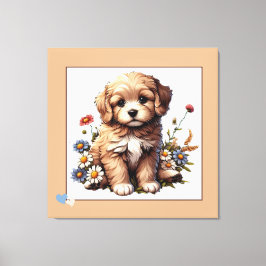 Lienzo Un cachorro lindo sentado sobre flores silvestres