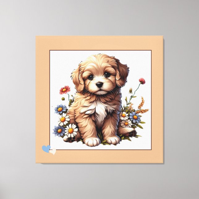 Lienzo Un cachorro lindo sentado sobre flores silvestres (Anverso)