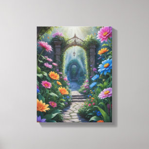 Lienzo un camino de piedra con flores y un arco de piedra