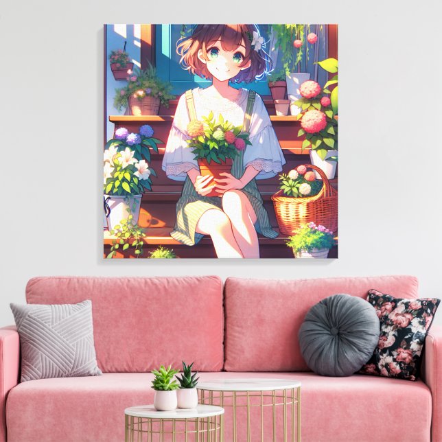 Lienzo Un Chica de anime lindo sostiene una planta (Insitu (Sala de estar))