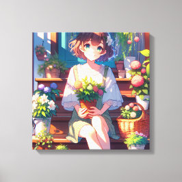 Lienzo Un Chica de anime lindo sostiene una planta