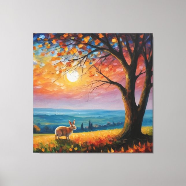 Lienzo un conejo en un campo con un árbol y una puesta de (Anverso)