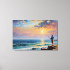 Lienzo un cuadro de un hombre pescando en una playa rocos