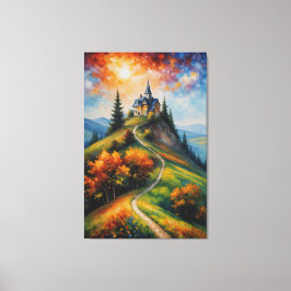 Lienzo un cuadro de una casa en una colina con árboles y 