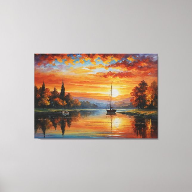 Lienzo un cuadro de una puesta de sol sobre un lago (Anverso)