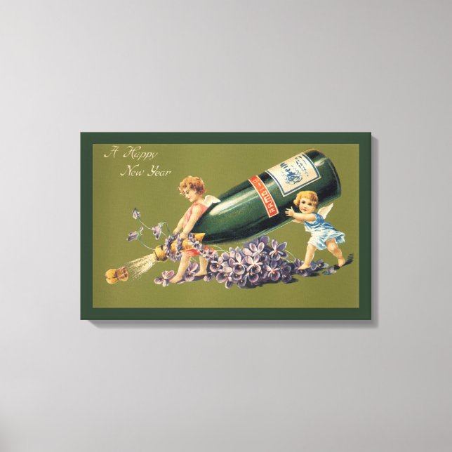 Lienzo Un feliz año nuevo, ángeles de época con champán (Anverso)