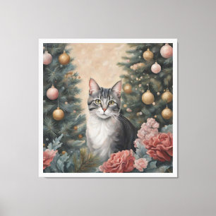 Lienzo Un gato Navidad entre flores y árboles