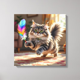 Lienzo Un gato suave y suave persiguiendo a una pluma