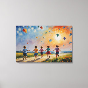Lienzo un grupo de niños corriendo con cometas